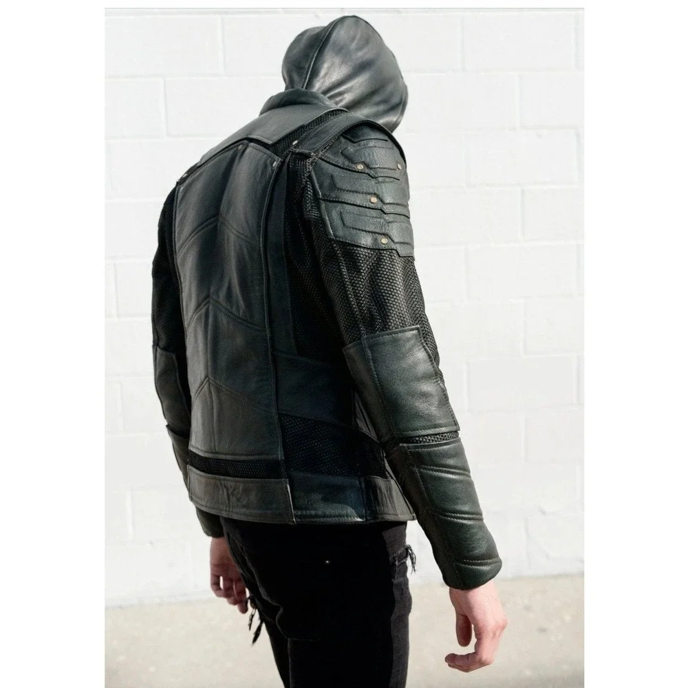 Luca Designs Green Armor Leather Hooded Jacket Mens XL Lambskin Moto Coat